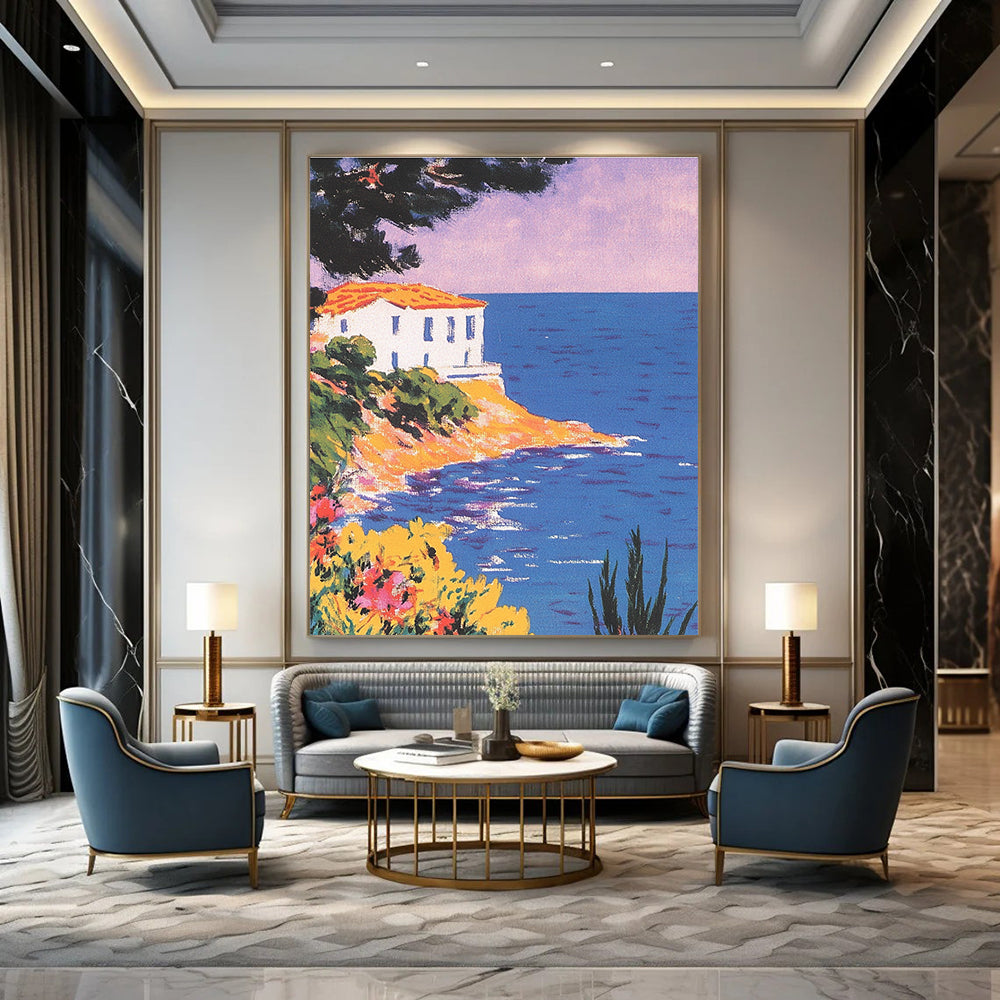 A large abstract painting featuring a vintage postcard of the Mediterranean coast with pastel colors and a stunning purple-blue sky.STSC1228