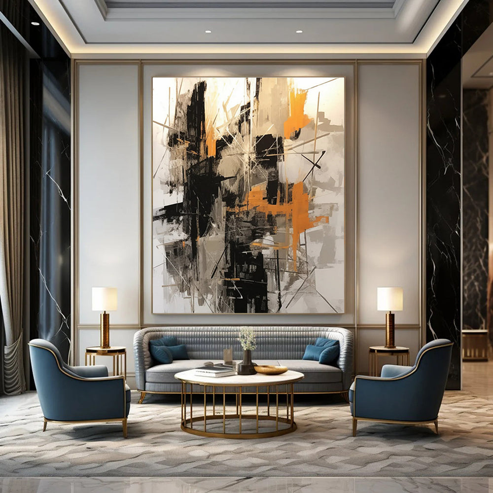 Black, Gray, and Orange Abstract Painting with Intersecting Lines ADGE116