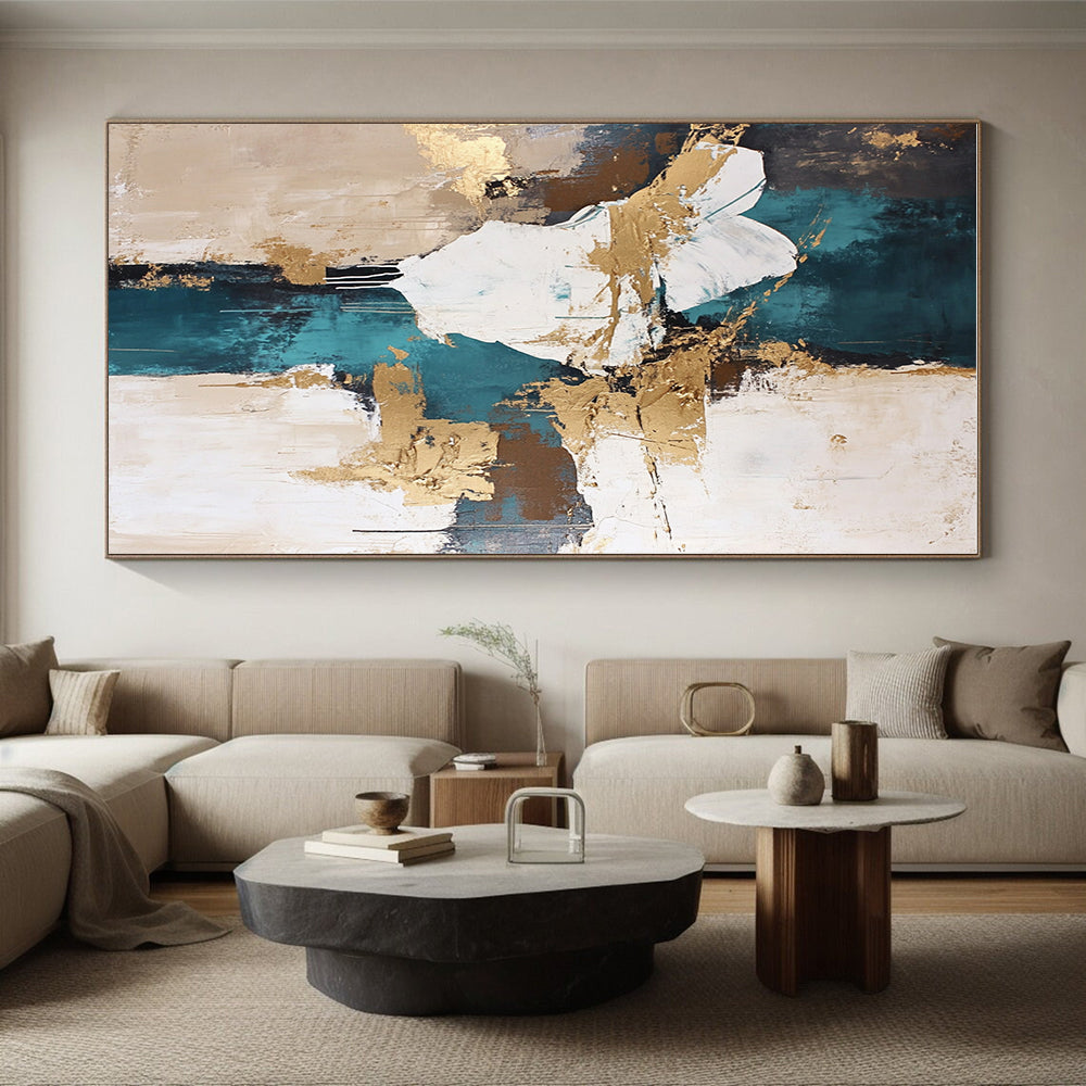 Teal and Gold Abstract Painting with Fluid Shapes GER447