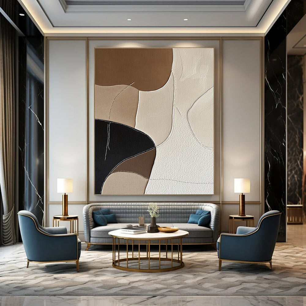 Large abstract artwork featuring minimalist Japandi style with hand-stitched organic shapes in neutral shades of beige black and white.STSC1337