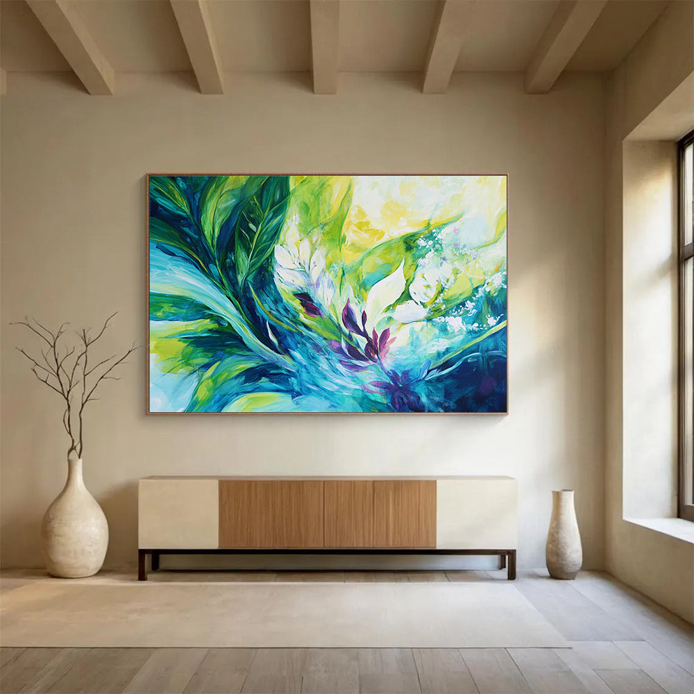 A large abstract painting featuring vibrant tropical plants in green and teal with purple accents and white flowers, showcasing dynamic energy and harmonious beauty.SC431