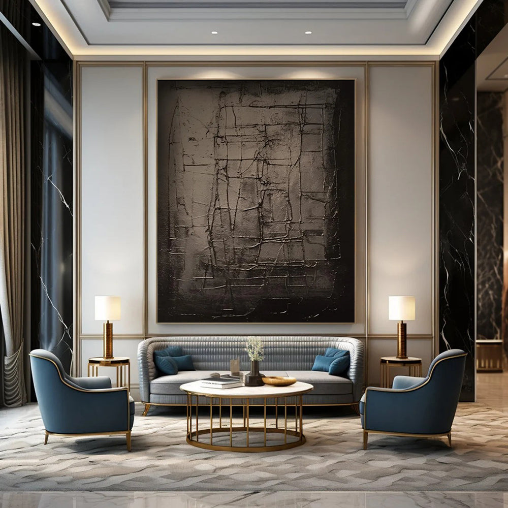 Dark Grid - Textured Abstract Painting with Subtle Tones ADGE450