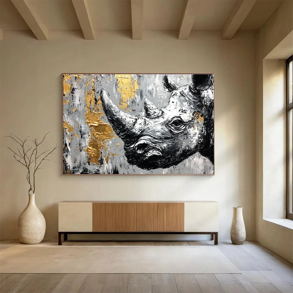 Textured Rhino Portrait Abstract Painting with Gold Accents DYP327