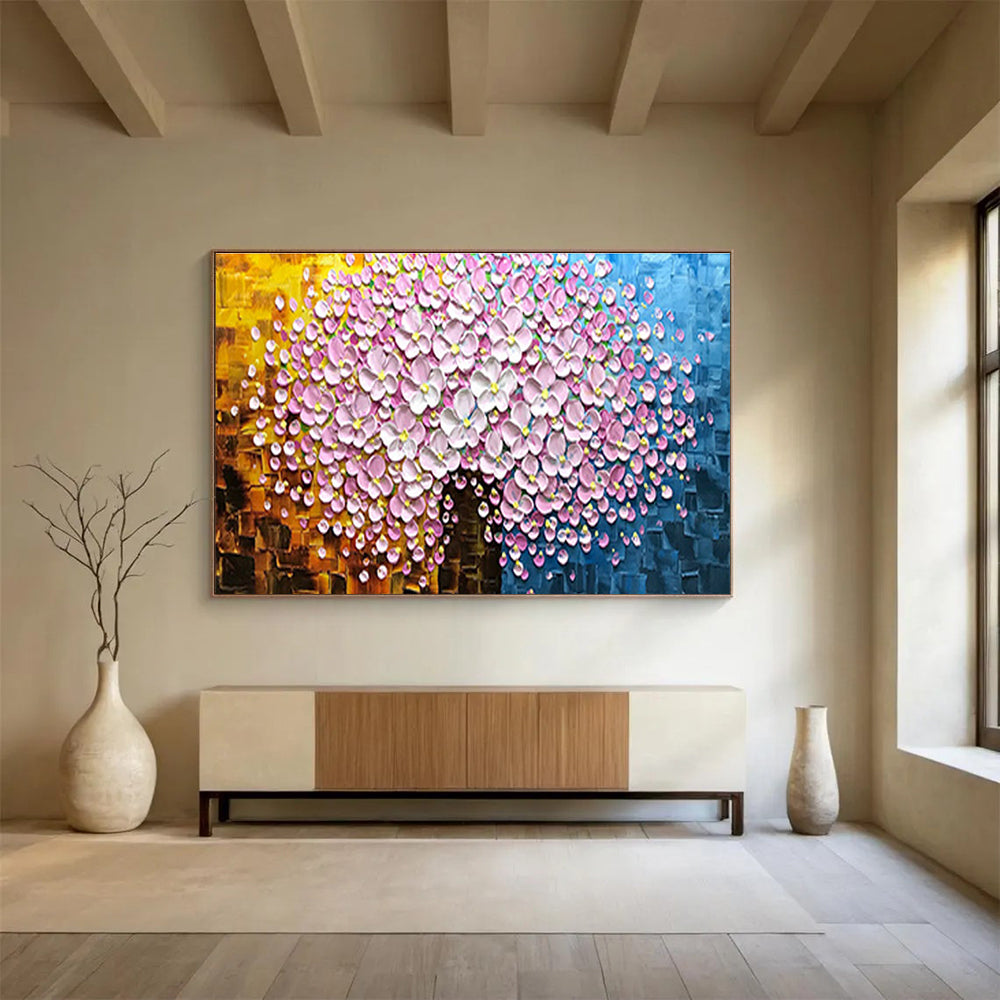 Pink Flower Tree Abstract Painting with Textured Petals THY231
