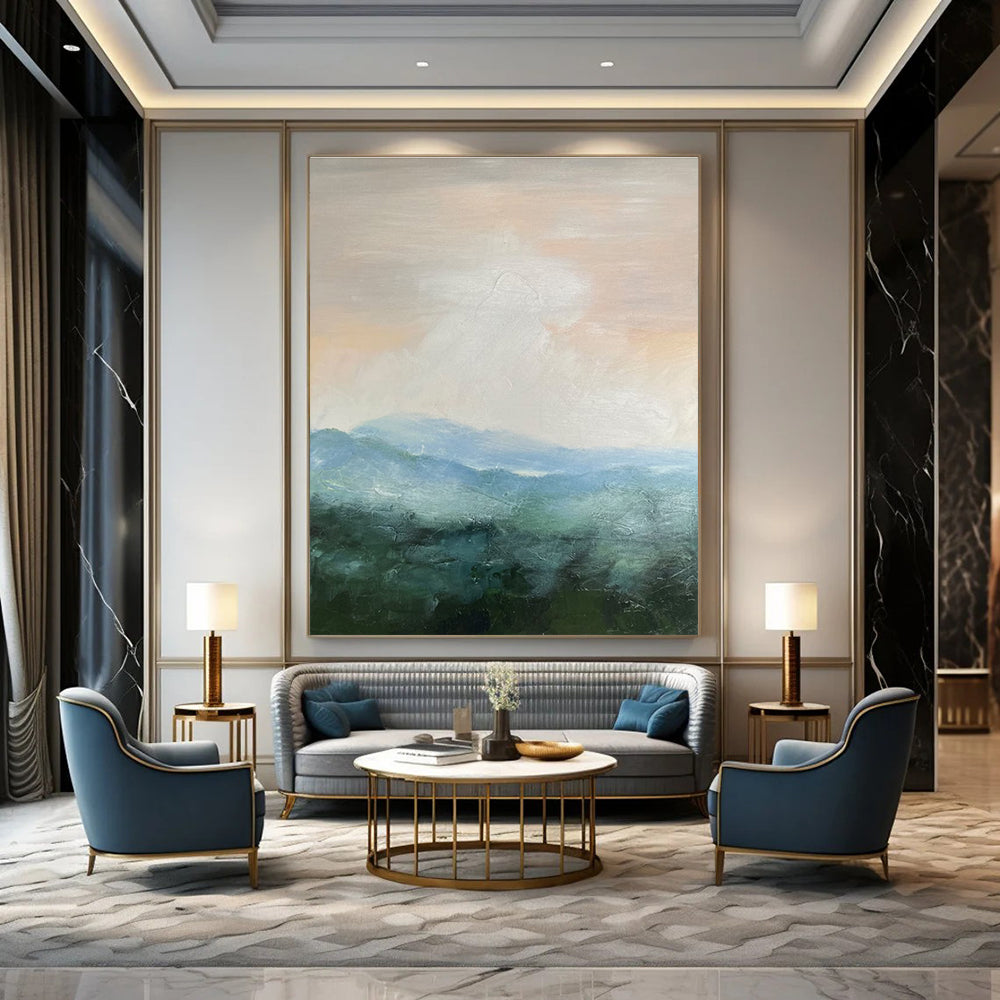 Soft Pink Blue Green Misty Mountain Abstract Painting ADGE010