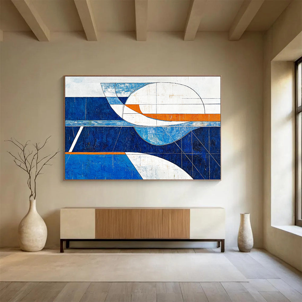 Geometric Blue Orange and White Abstract Painting with Clean Lines DYP190