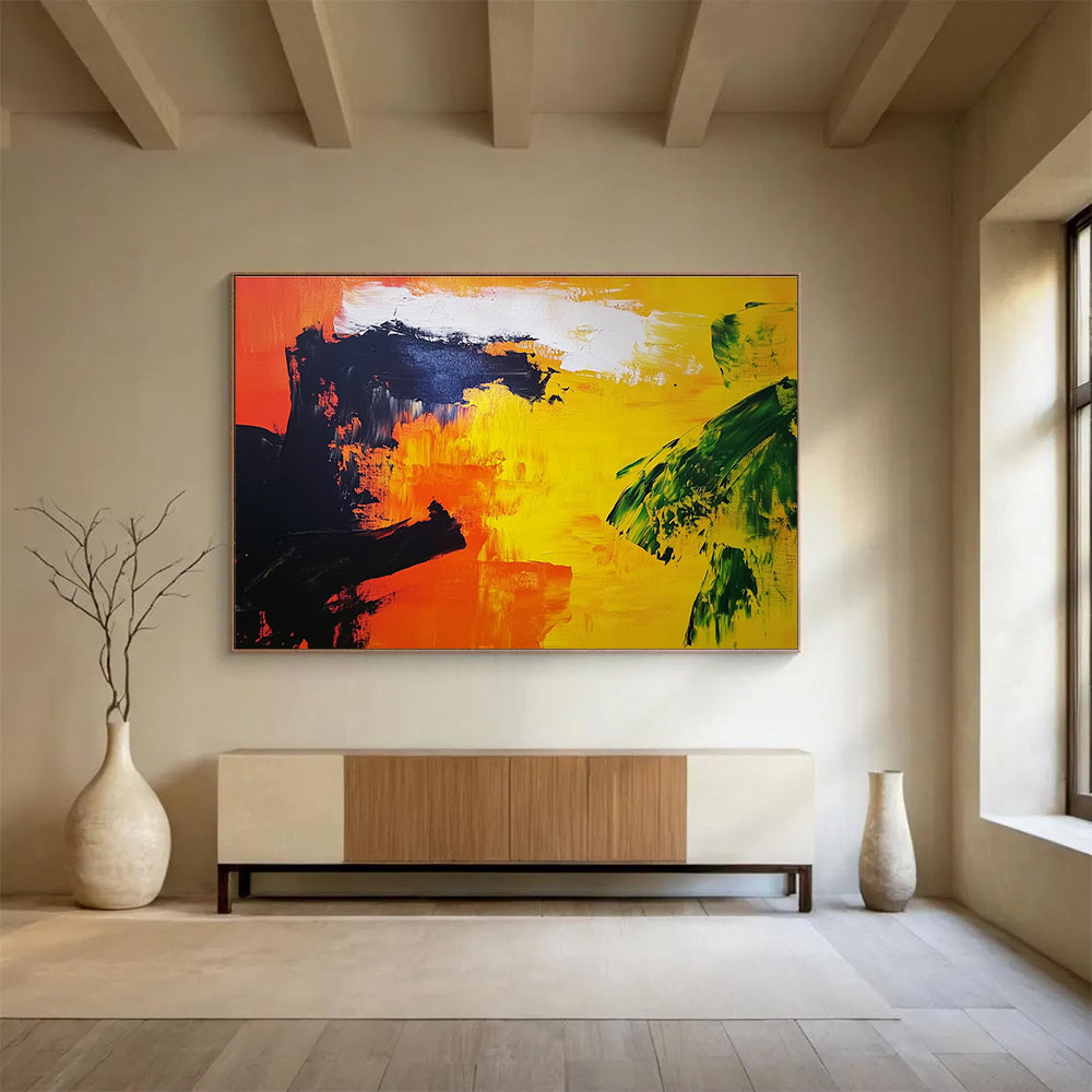 Abstract painting featuring vibrant orange and yellow landscape with bold black silhouettes and a touch of red in the corner, enhancing Expressionist style.SC166