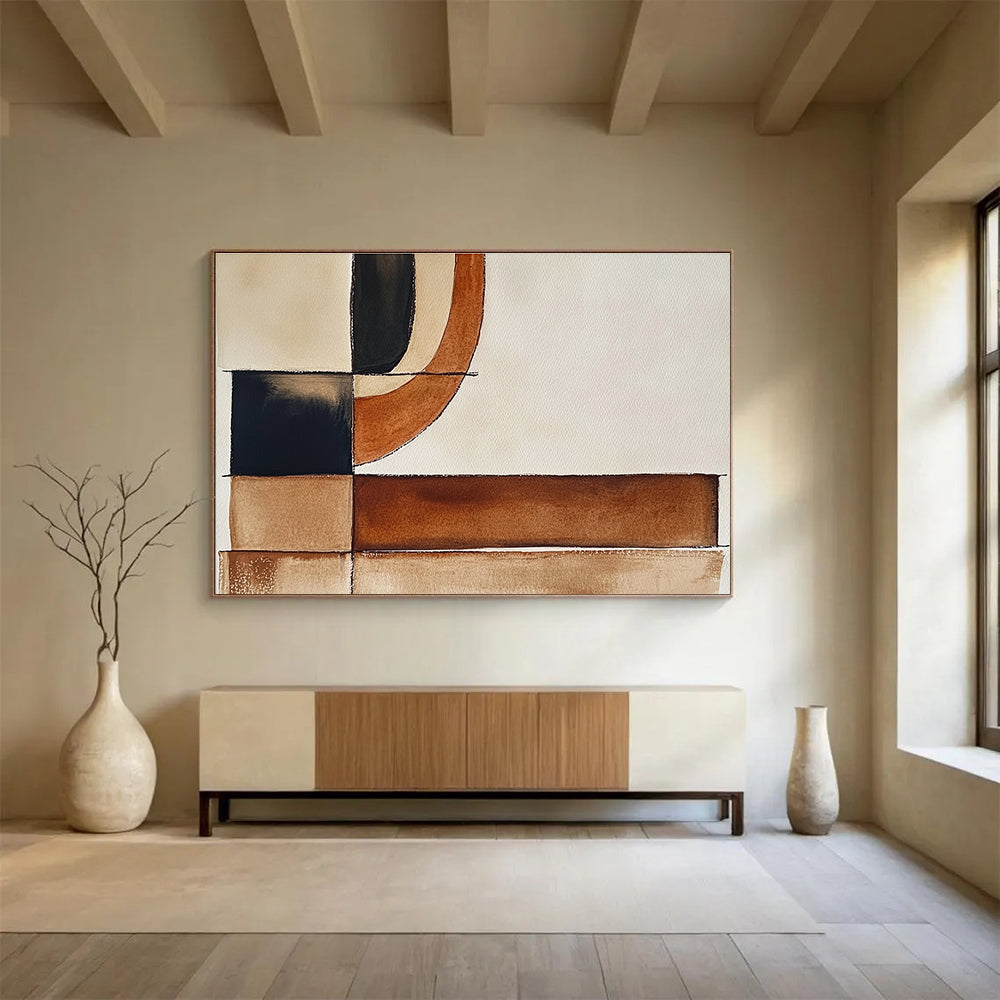 Large abstract watercolor painting featuring brown black and white shapes with minimalist earthy tones for a boho-inspired artistic touch.SC394