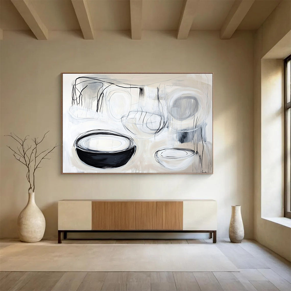 A large abstract painting featuring organic white and black lines, highlighting shapes of cups and plates with expressive black ink strokes.SC389