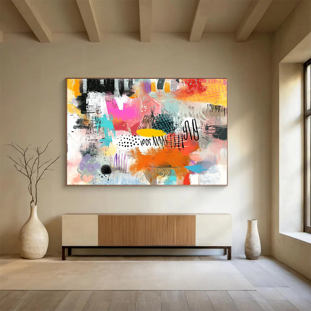 A large abstract painting featuring vibrant colors bold strokes dynamic shapes playful elements and a lively essence reflecting contemporary youth culture.SC508