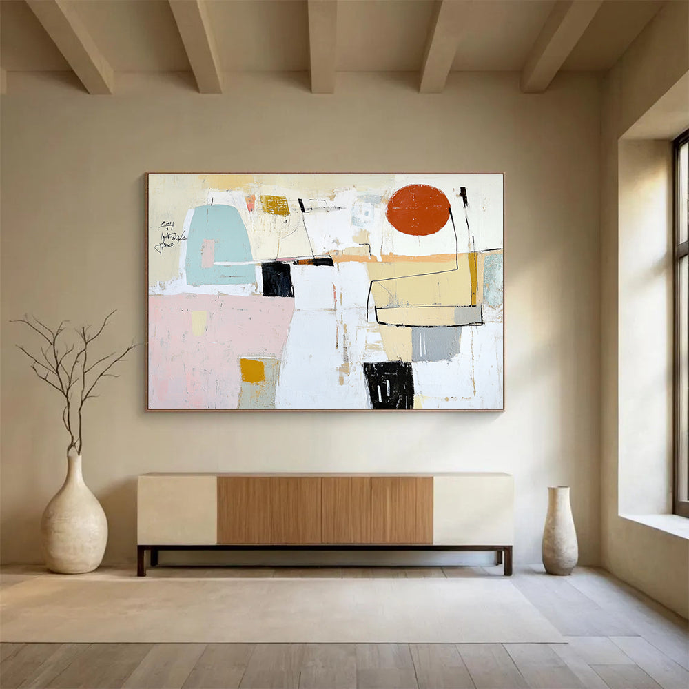 Large abstract painting featuring soft pastel colors, textures, and geometric forms with a prominent red circle and scribbled black text.SC041