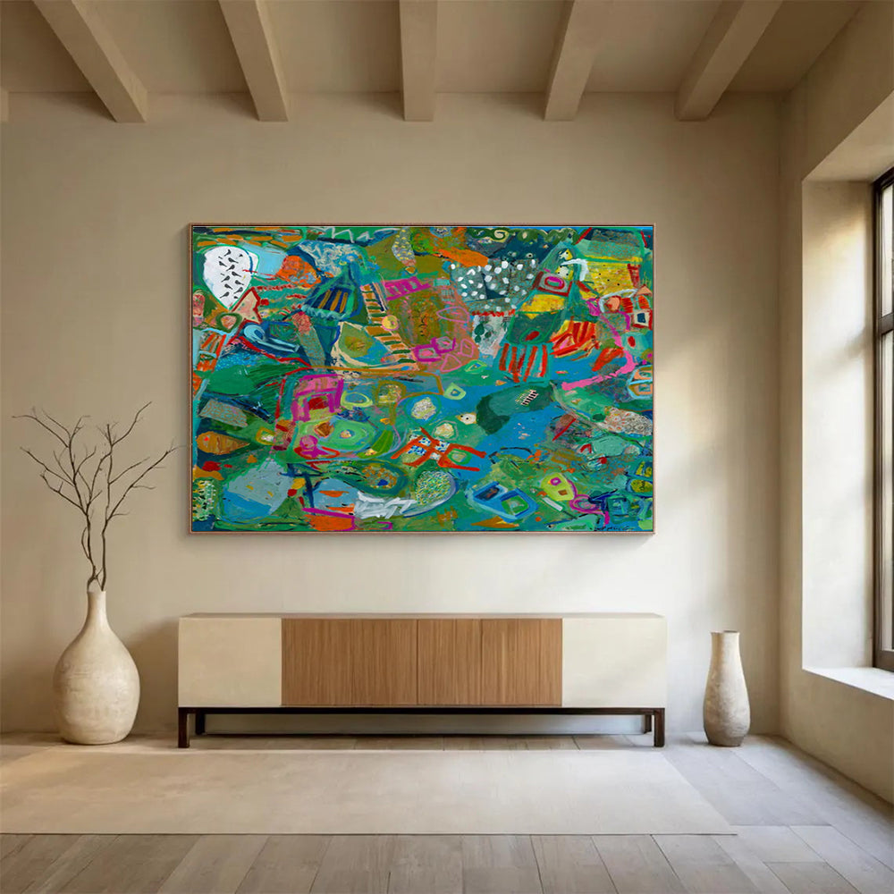 Vibrant Geometric Abstract Painting with Green, Blue, and Pink Tones THY235