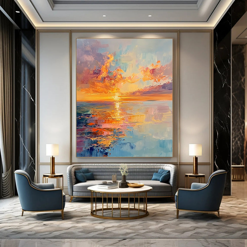 Large abstract painting capturing vibrant sunset colors with reflections on the sea and a distant horizon in an expressive style.STSC893
