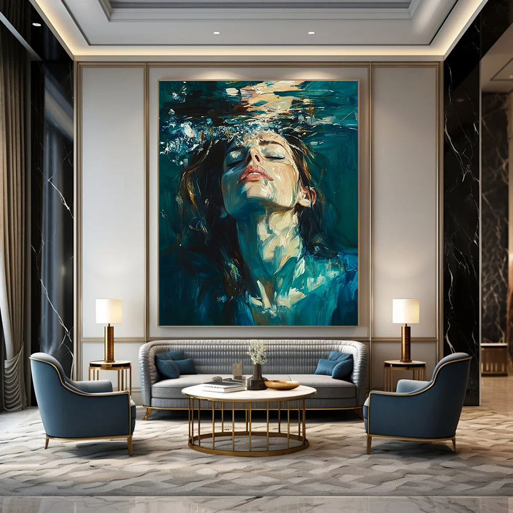 Abstract oil painting of a woman underwater with long hair and a blue-green attire against a dark teal background.STSC179