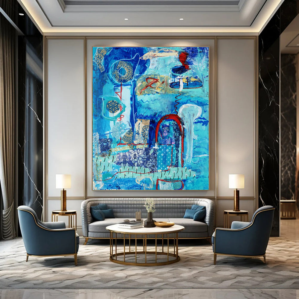 Blue - themed Collage Abstract Painting with Patterns ADGE296
