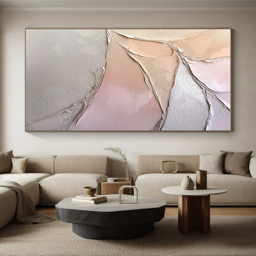 Pink and Beige Textured Abstract Painting with Leaf - like Forms GER053