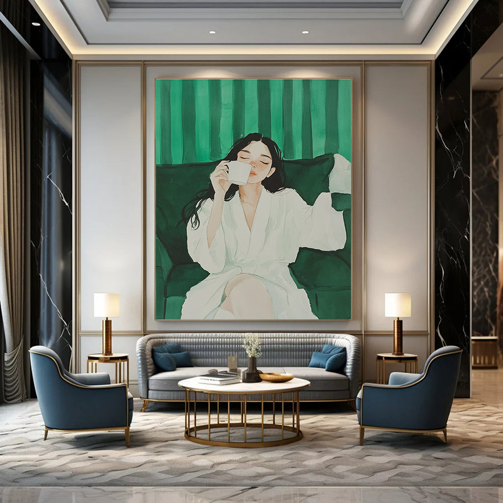 A large abstract painting featuring a girl in a white robe enjoying coffee on a sofa against a green striped background with minimalist design.STSC1002