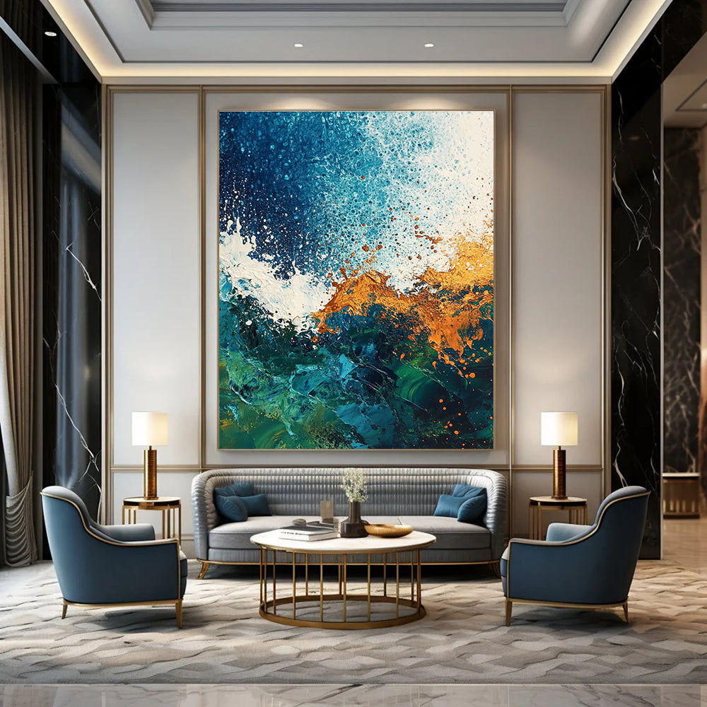 Large abstract painting of ocean waves featuring a textured mix of blues greens and rust colors against a dark blue white green and brown background.STSC324