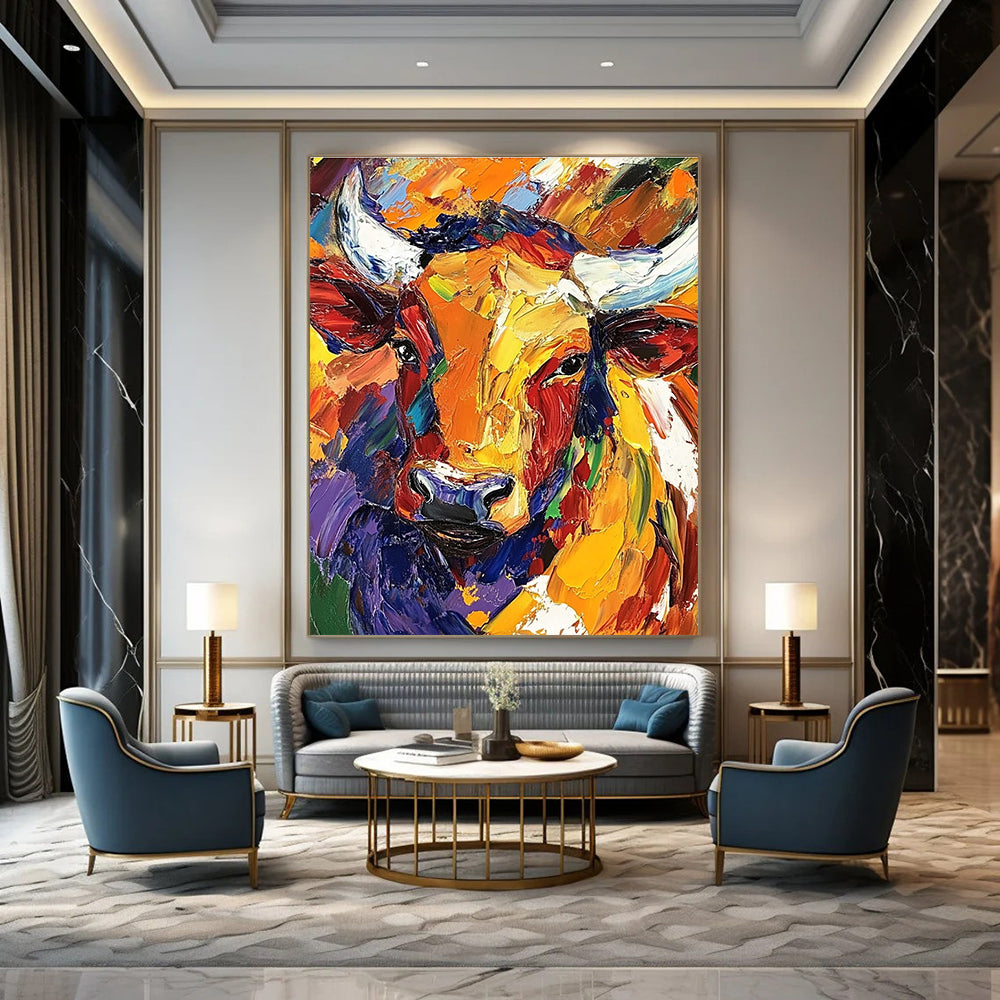 Large abstract oil painting of a colorful African bull with dynamic loose brush strokes showcasing vibrant artistry.STSC141
