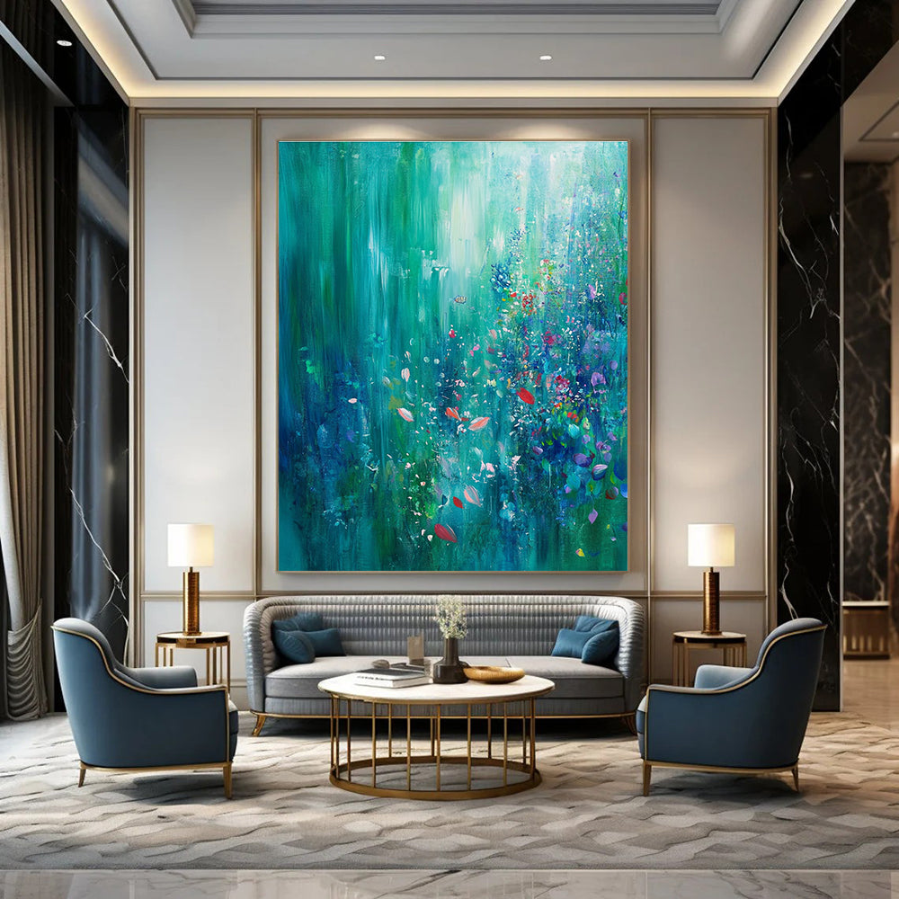Large abstract painting of an underwater garden with turquoise emerald hues coral reef soft light small fish and colorful bubbles for a tranquil effect.STSC273