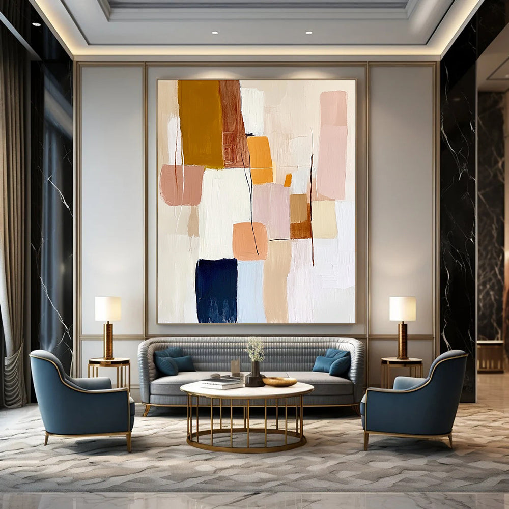 Large abstract painting featuring geometric shapes in pastel colors with textured brush strokes on a white background creating a harmonious composition.STSC755