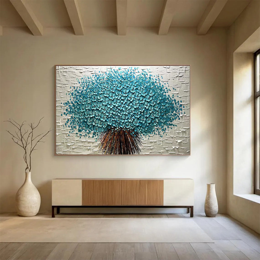 Blue Flower Tree Abstract Painting with Blue, Green, and Brown Tones THY213