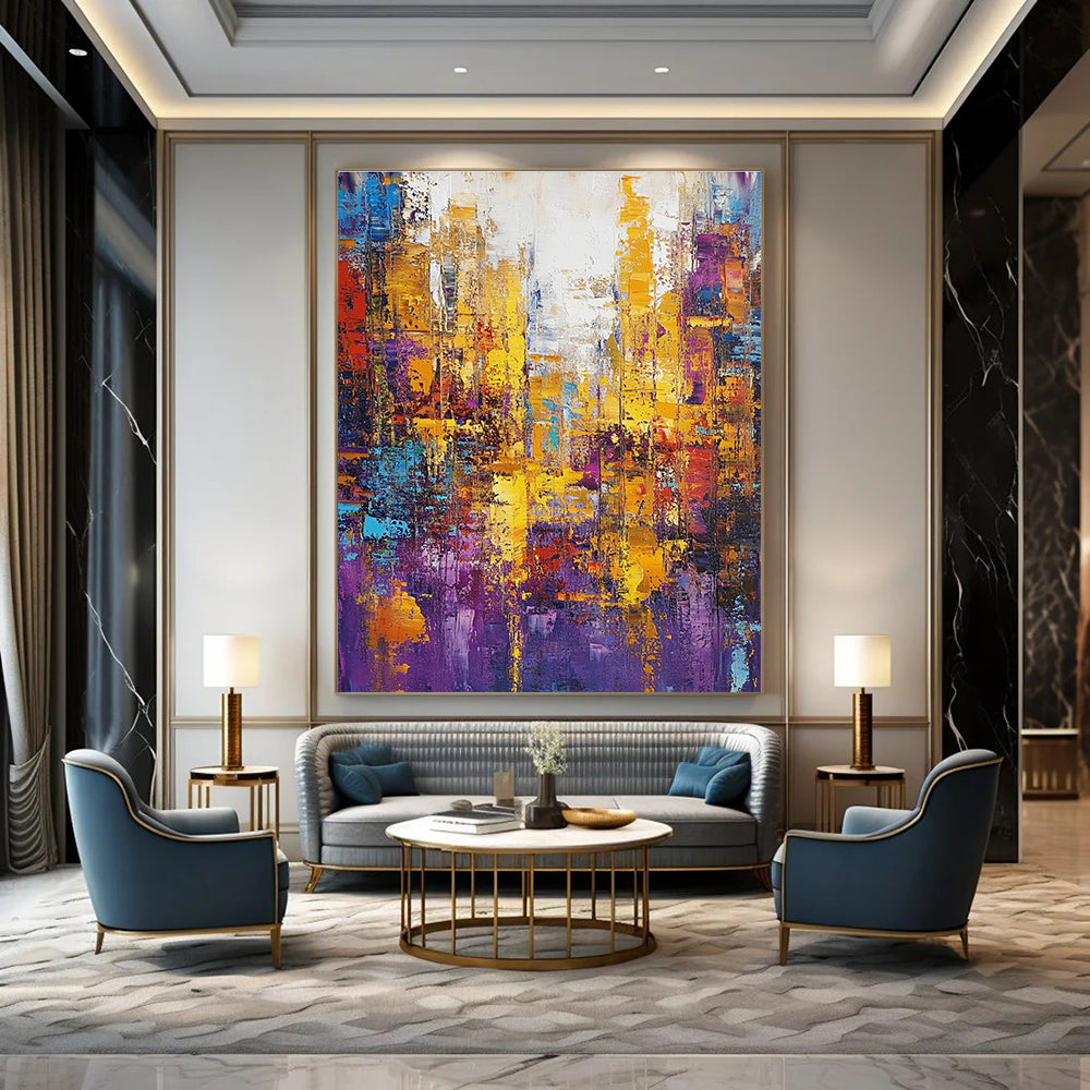 Large abstract oil painting featuring a cityscape in gold and purple tones with colorful patterns and textured brush strokes.STSC160