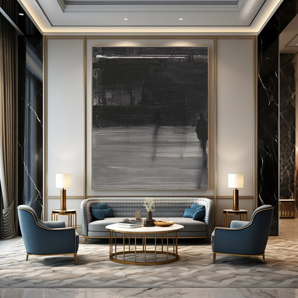 Large abstract painting featuring deep gray tones bold brushstrokes and a mysterious atmosphere with soft lighting and striking light shadow contrasts.STSC910