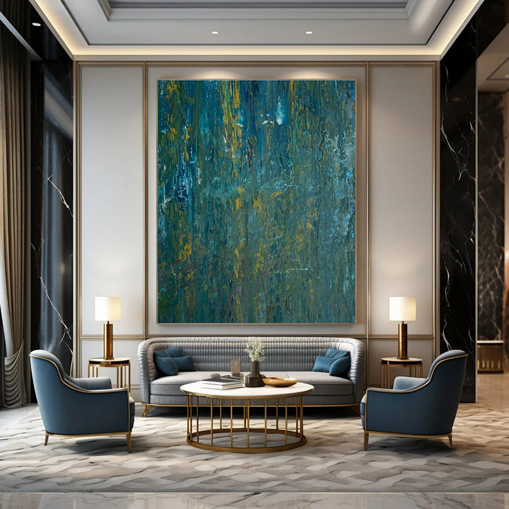 Teal - Yellow Textured Abstract Painting with Vertical Brushstrokes ADGE461