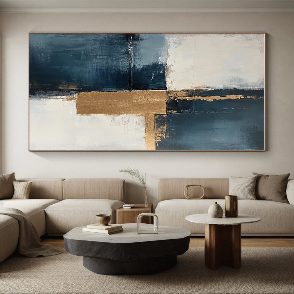 Muted Blue and Gold Abstract Painting with Understated Luxury GER377