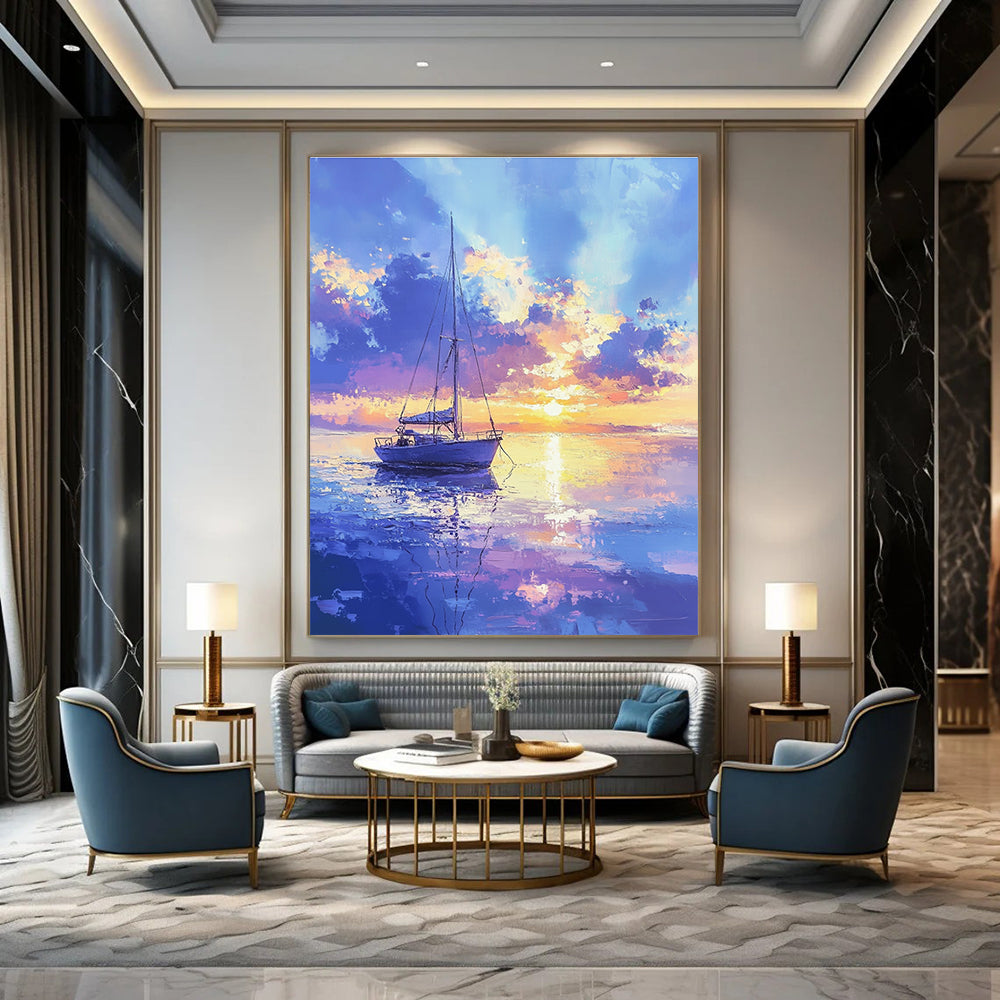 An abstract painting showcasing a beautiful sailboat on a calm sea with pastel hues under a gentle golden hour sky.STSC899