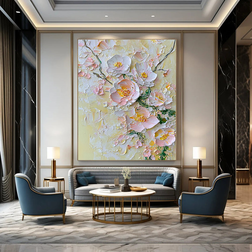 Abstract painting featuring delicate flowers in soft pinks whites and yellows against a pale yellow background with textured oil paint impasto technique.STSC004