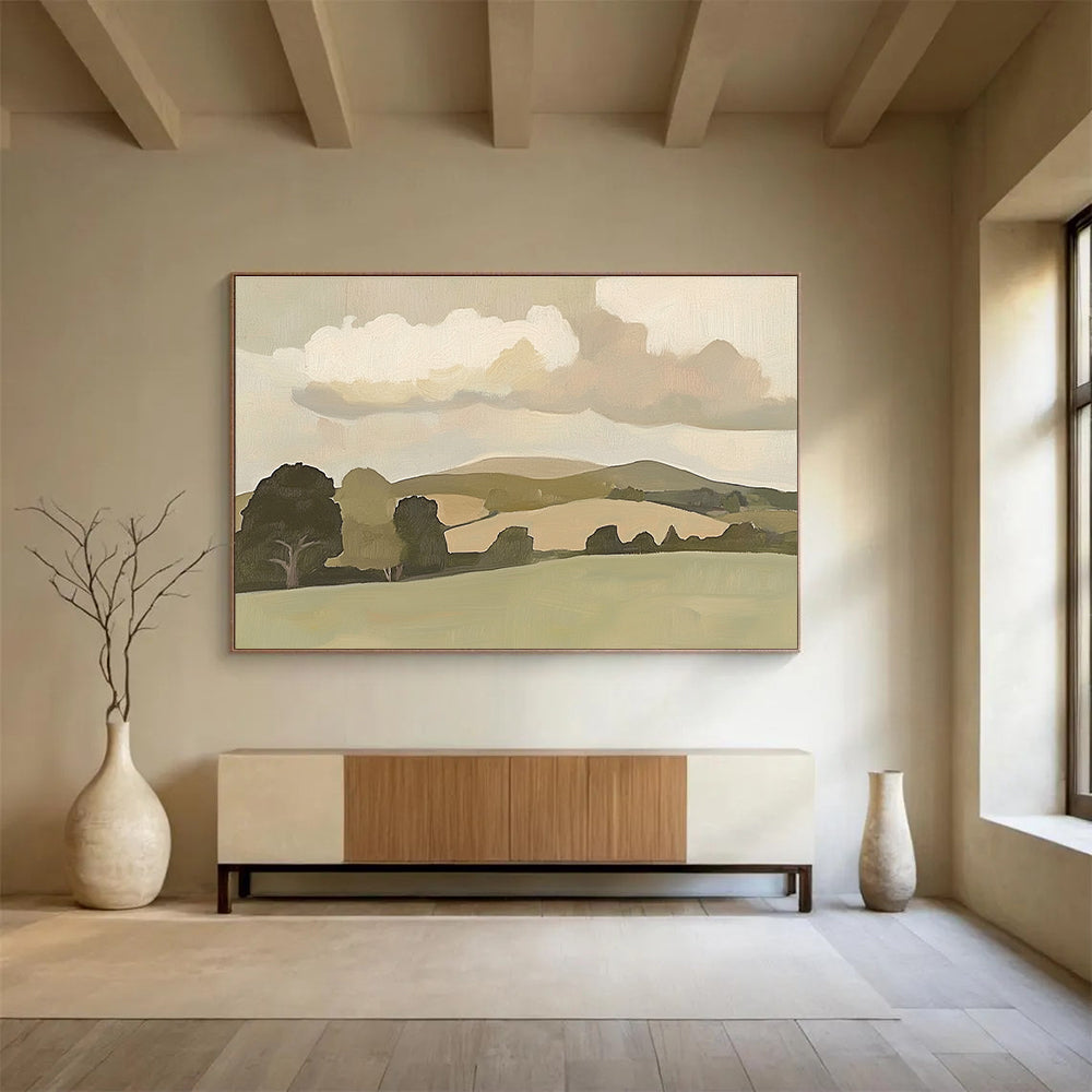 Large abstract painting of English countryside featuring minimalist hills and trees with soft brush strokes and muted colors in vintage style.SC404