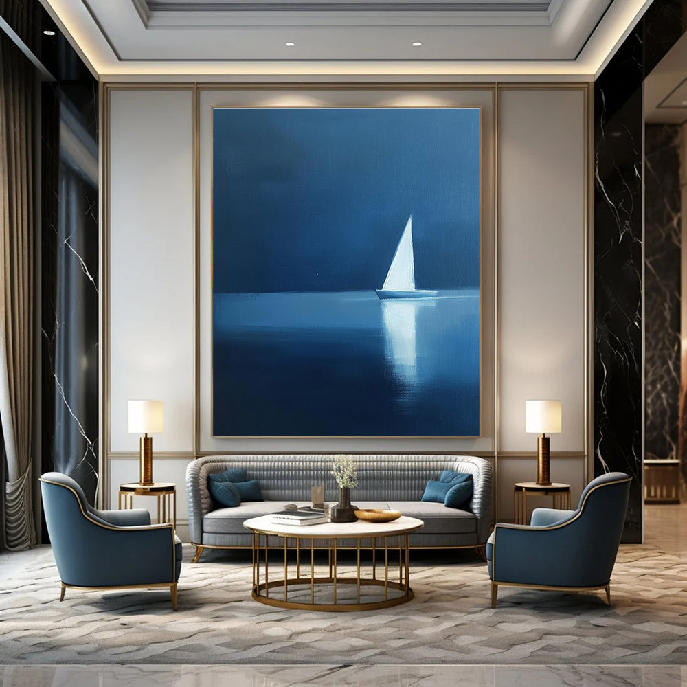 Abstract painting featuring a minimalist silhouette of a sailboat on calm water with elegant blue and white hues, creating a serene atmosphere.STSC1087