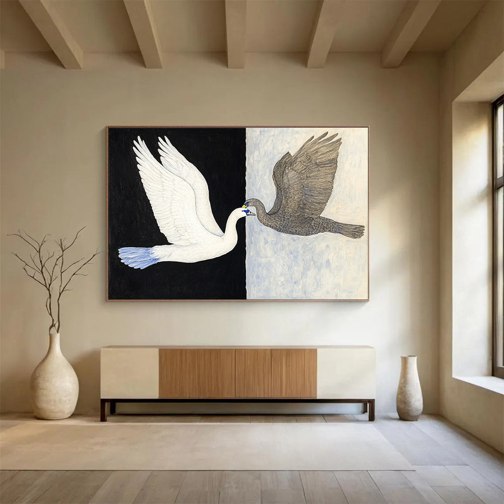 Black and White Abstract Painting of Two Birds in Flight DYP149