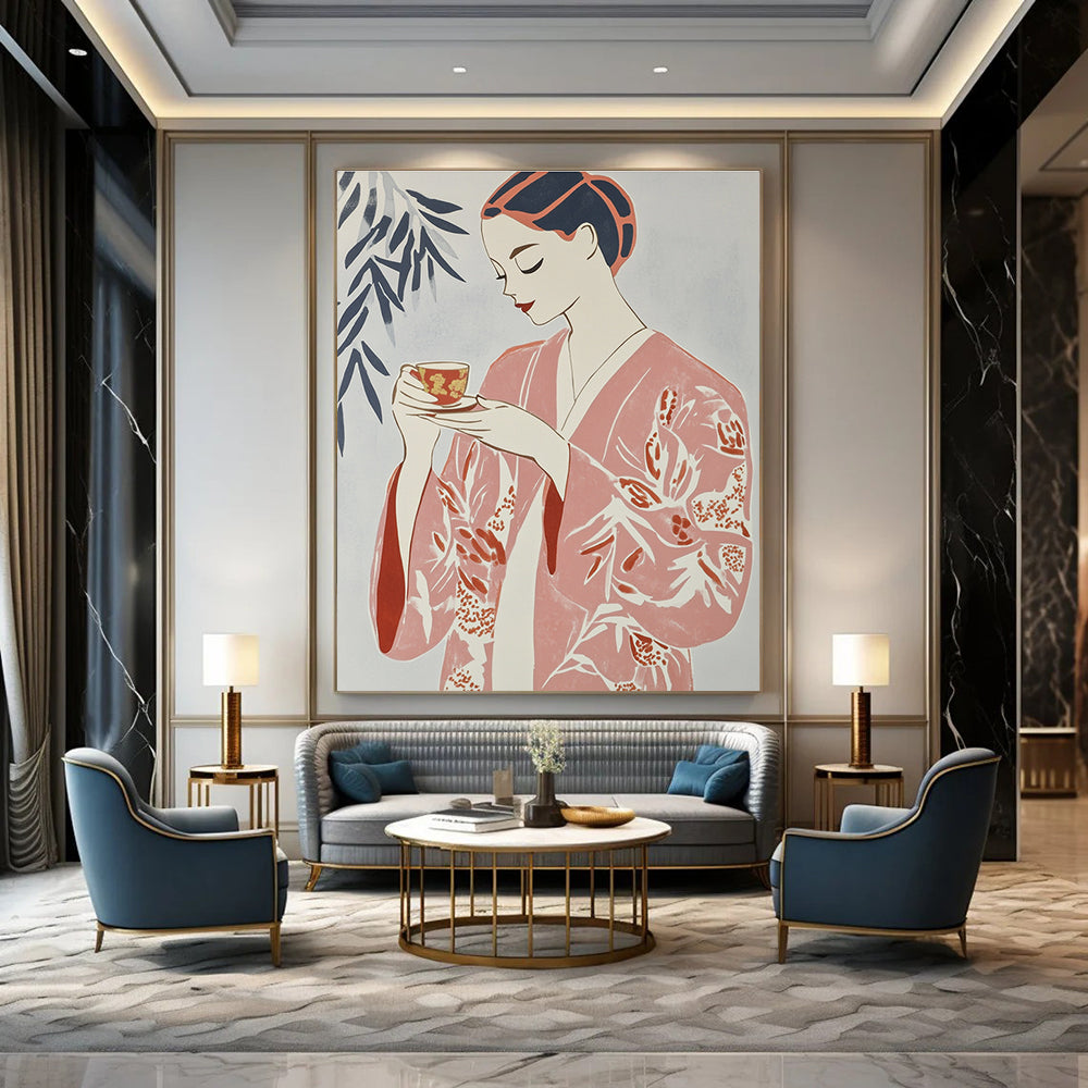 Large Abstract Artwork Featuring A Woman In A Floral Robe Relaxing With Tea Against A Light Grey Background In Risograph Gouache Style.STSC1314