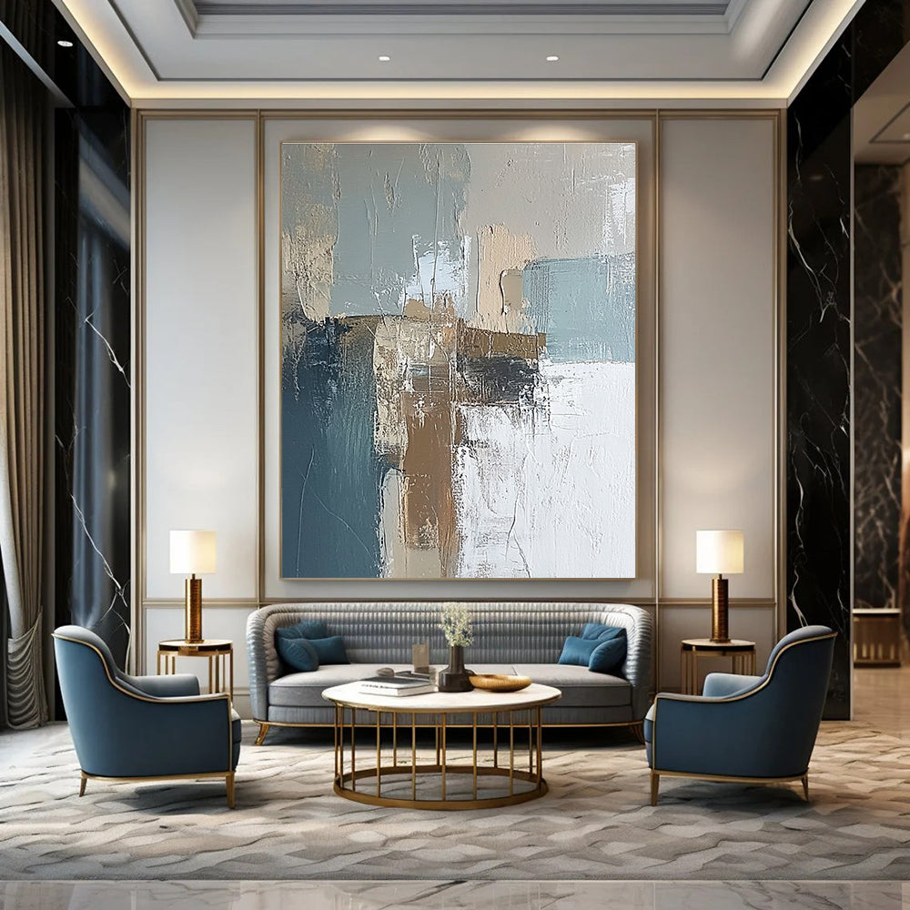 Large abstract painting of an Irish landscape featuring soft muted blues and browns with textured brush strokes for a serene ambiance.STSC650