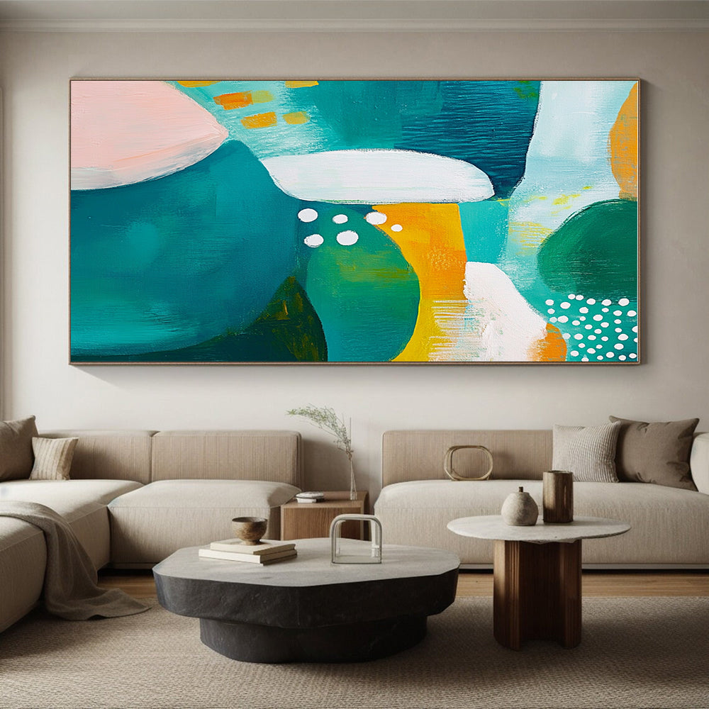 Colorful Abstract Painting with Teal, Green, and Yellow Shapes GER266