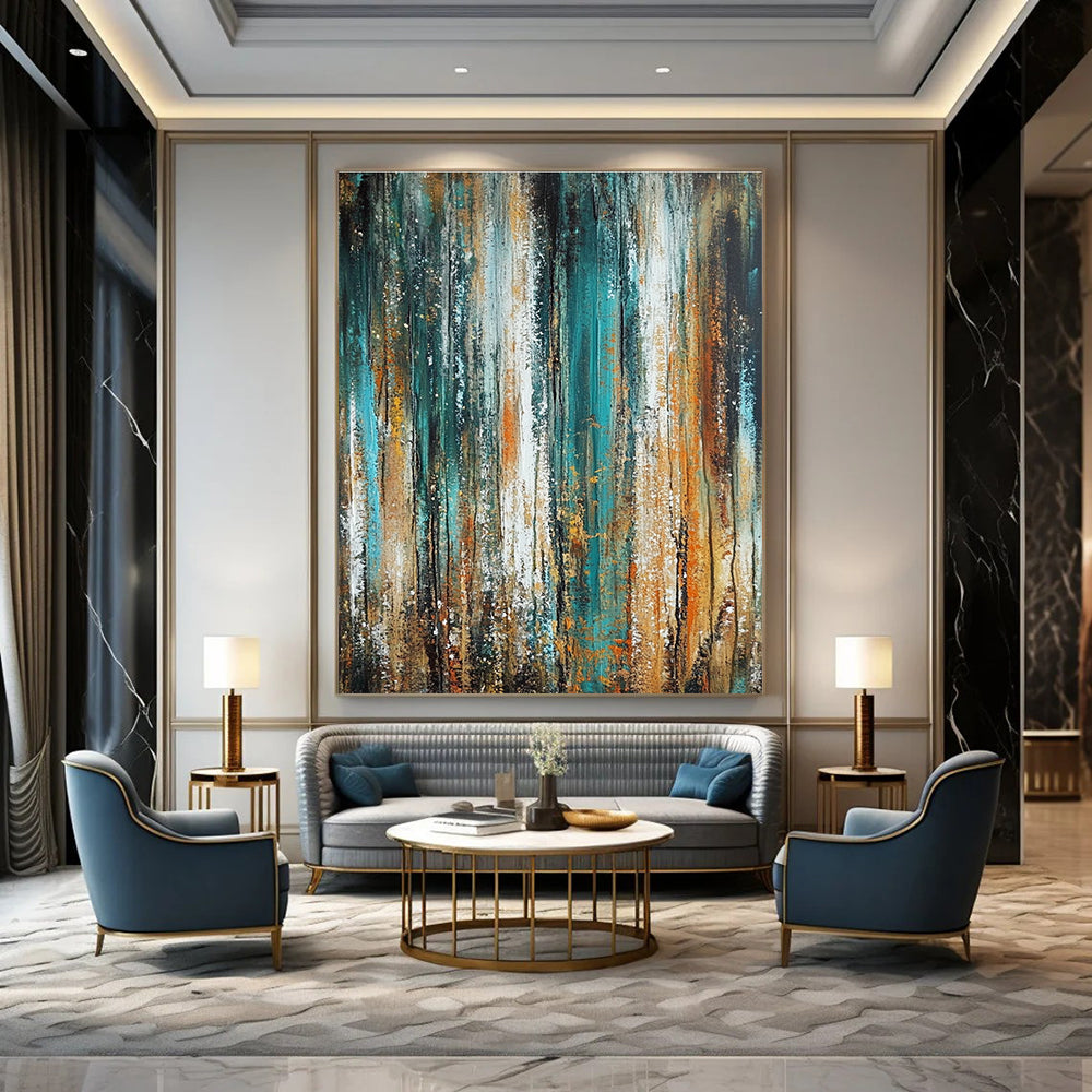 Large abstract oil painting featuring vertical textures in green and blue with brown and orange accents in a vintage style.STSC205
