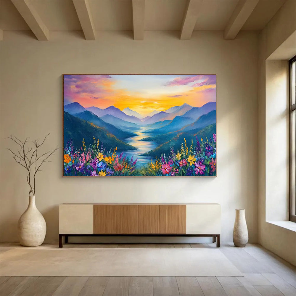 Sunset Mountain Valley Abstract Painting with Dramatic, Colorful Hues THY414