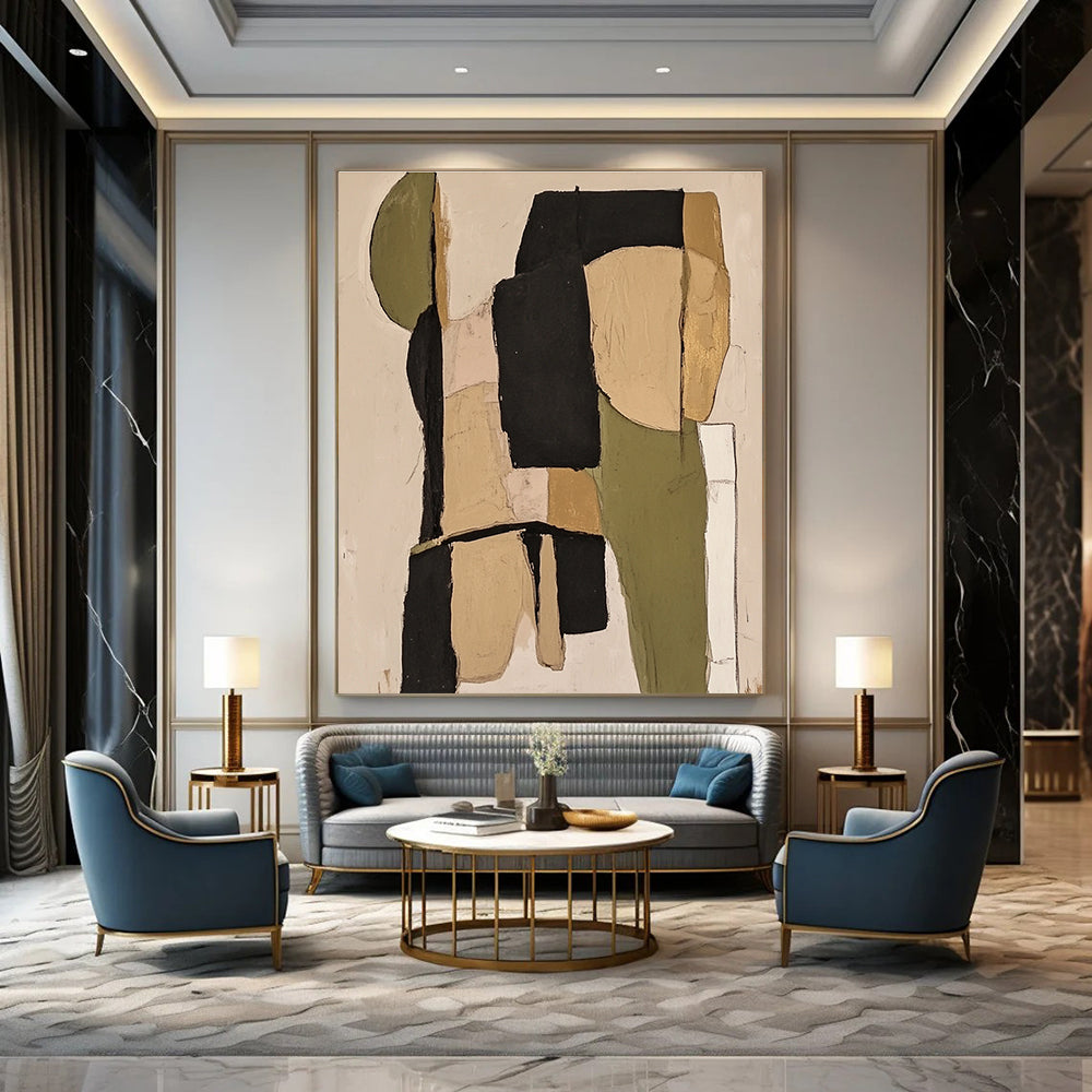Large abstract painting featuring sage green and black tones with beige and neutral colors for a sophisticated artistic touch.STSC481