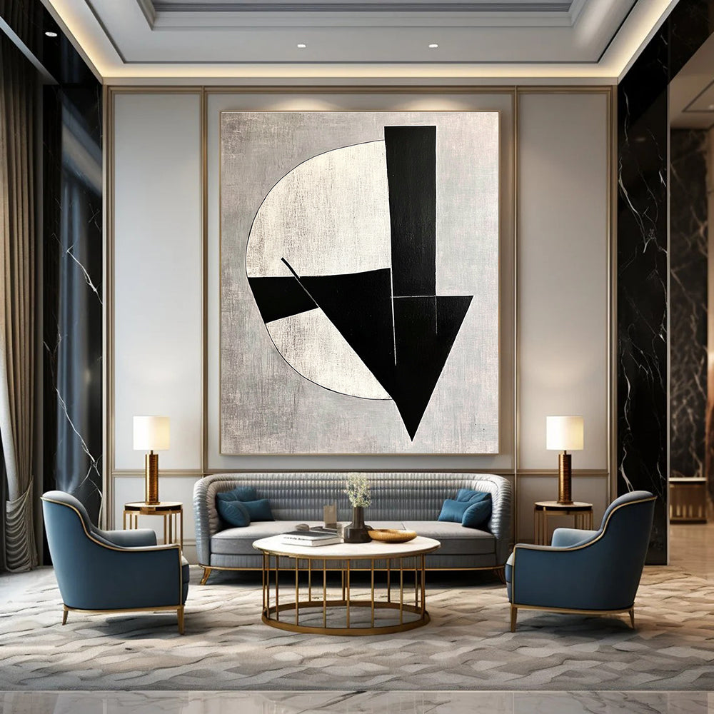 Large abstract painting with black and white shapes on a gray background featuring modernist simplicity and deconstructed minimalism with subtle tonal values.STSC1112