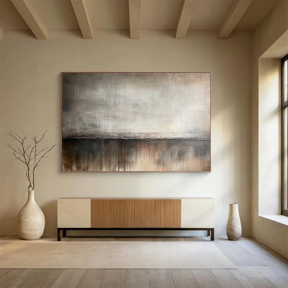 Large abstract painting featuring a muted gray and brown gradient background with soft brush strokes resembling vintage wood textures.SC534