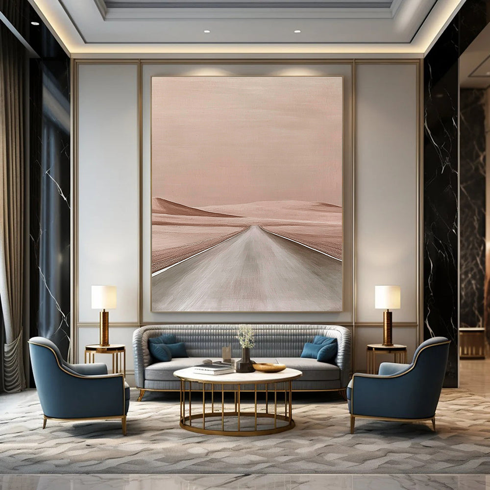 Large abstract painting of a minimalist desert road in a beige color palette inspired by Aron Wiesenfeld and John Larriva.STSC1166