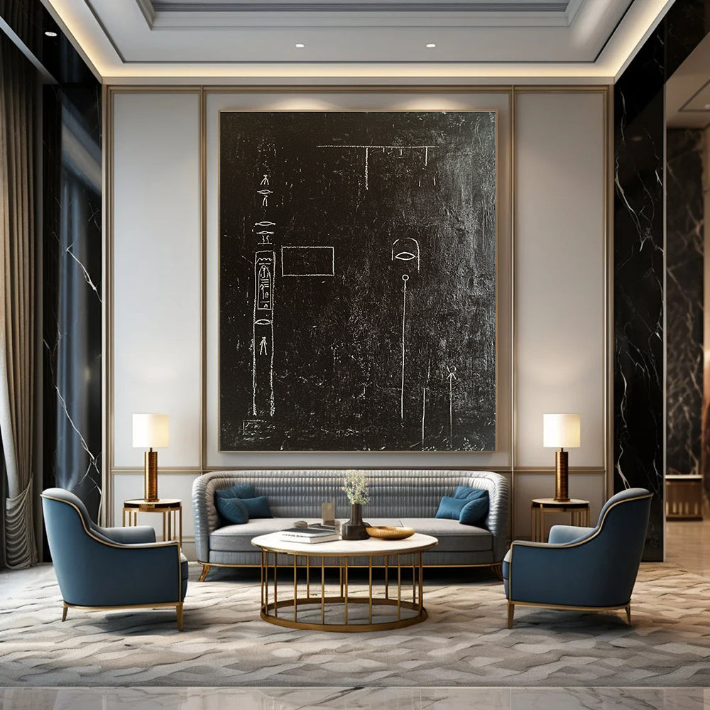 A large abstract painting featuring a black wall adorned with white chalk drawings of ancient Egyptian symbols and writing in high contrast.STSC918