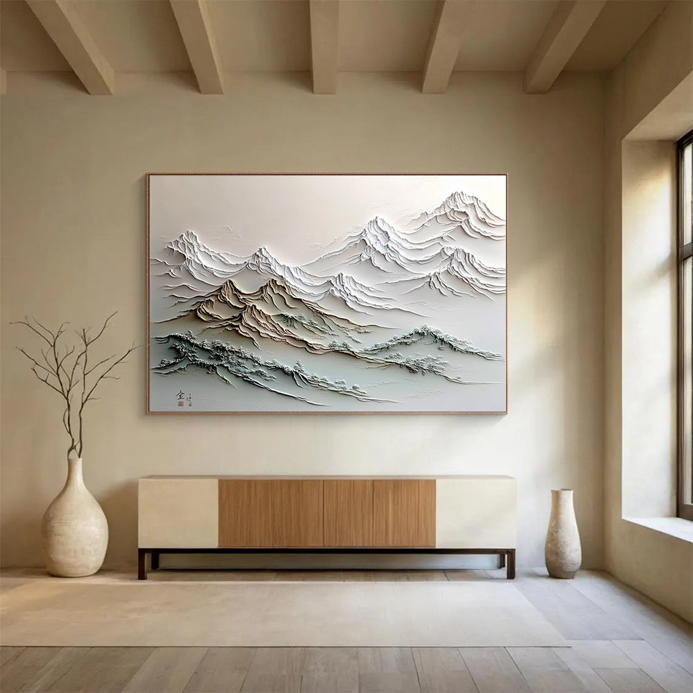 A large abstract painting featuring a stunning mountain range with intricate details and a soft color palette, evoking tranquility and majesty.SC557