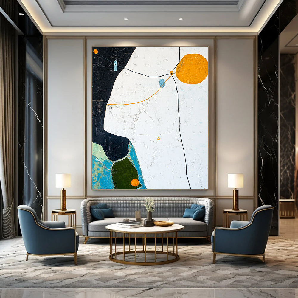 Large abstract painting featuring a white sky, light blue and dark green lines, yellow outline, orange circle, and black edge shapes with detailed rocks and trees.STSC296