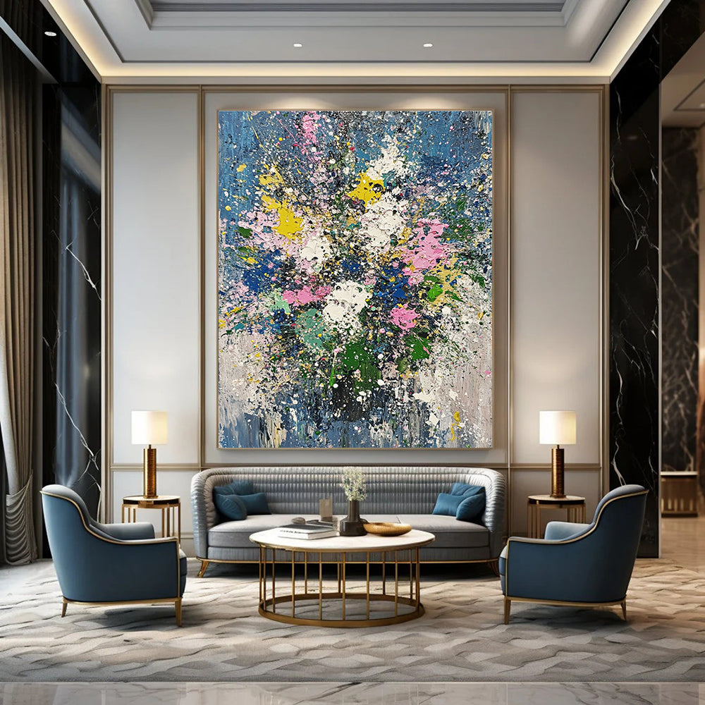 Abstract oil painting featuring flowers and plants in John Berkey's style with light blue green pink and gold leaf splatters.STSC181