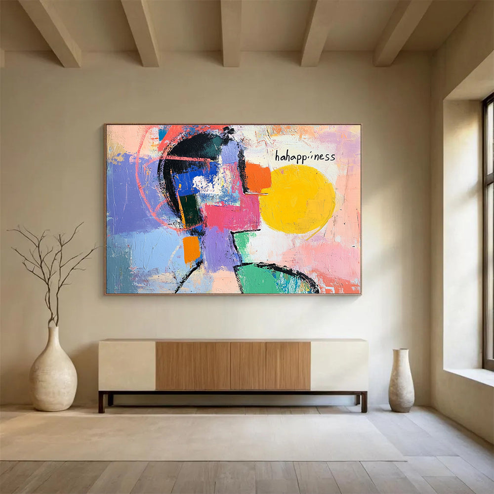 Large abstract painting showcasing vibrant colors with a bright circle silhouette and expressive lines conveying movement and emotion, featuring happiness in white ink.SC359