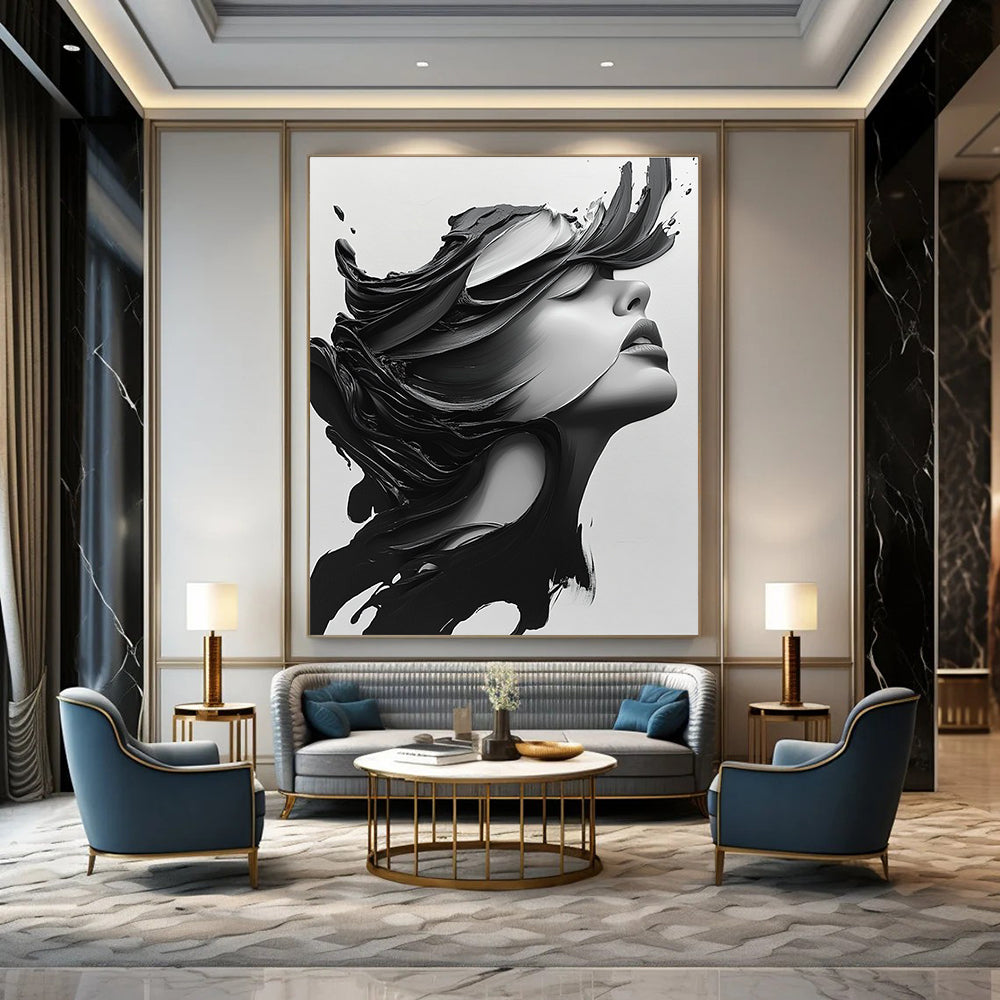 Large abstract painting featuring a close-up portrait of a beautiful woman with long hair blowing, in monochrome colors and dramatic contrast.STSC1469